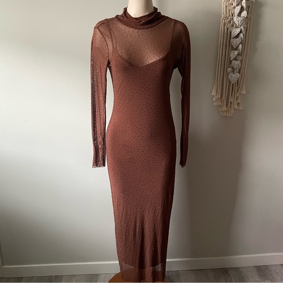 AFRM Dresses & Skirts - AFRM Shailene Rhinestone Turtleneck Dress Midi Embellished Mesh Brown Medium